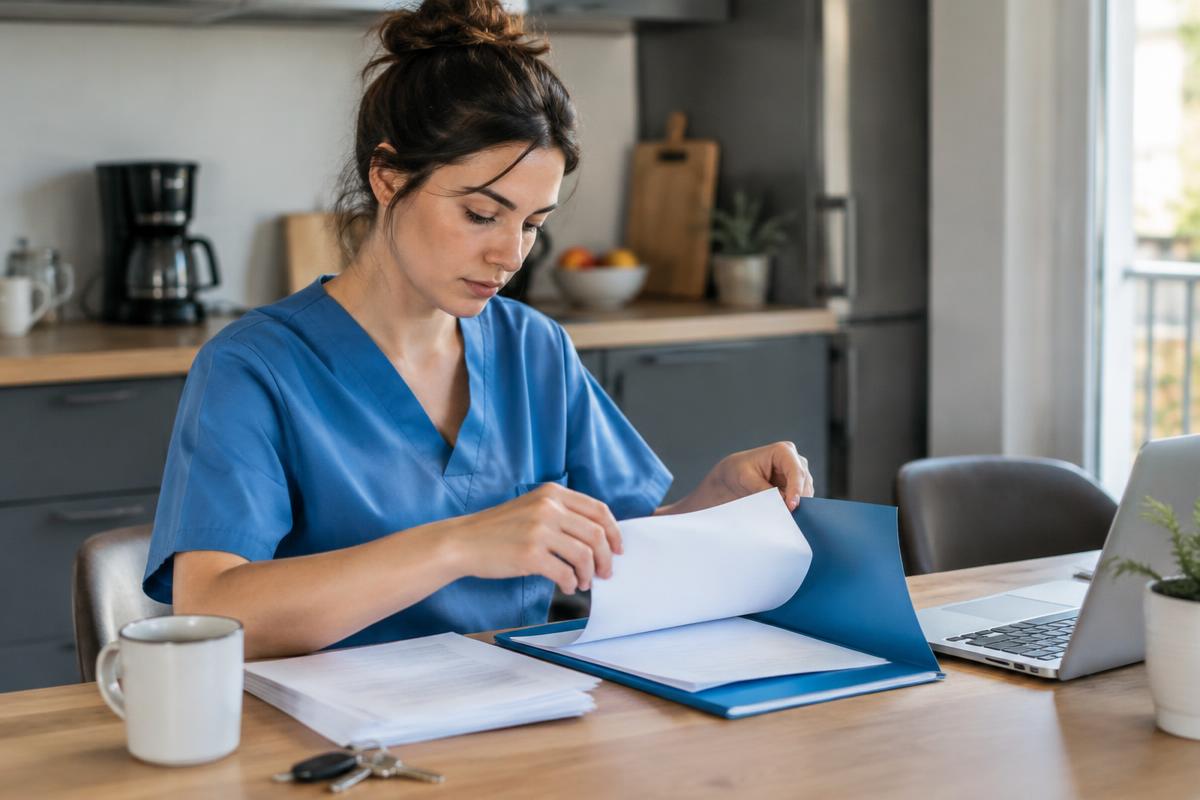 Infirmière préparant un dossier de justificatifs